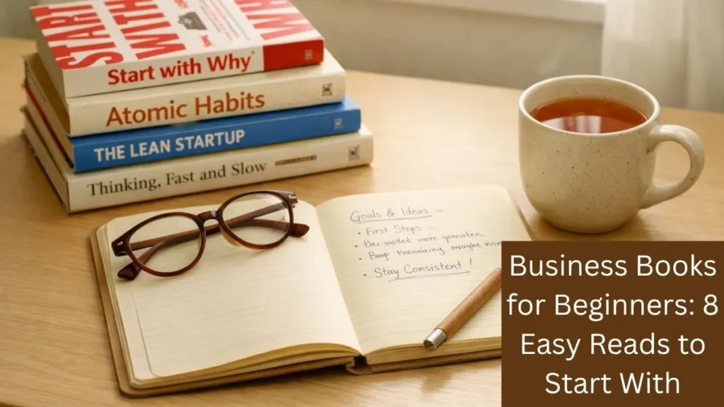 Business books for beginners with notebook and coffee